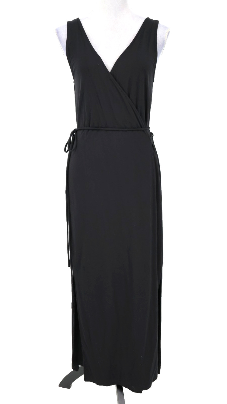 Vince Wrap Dress Womens Large Black Stretch Knit Maxi Boho Beach Athleisure